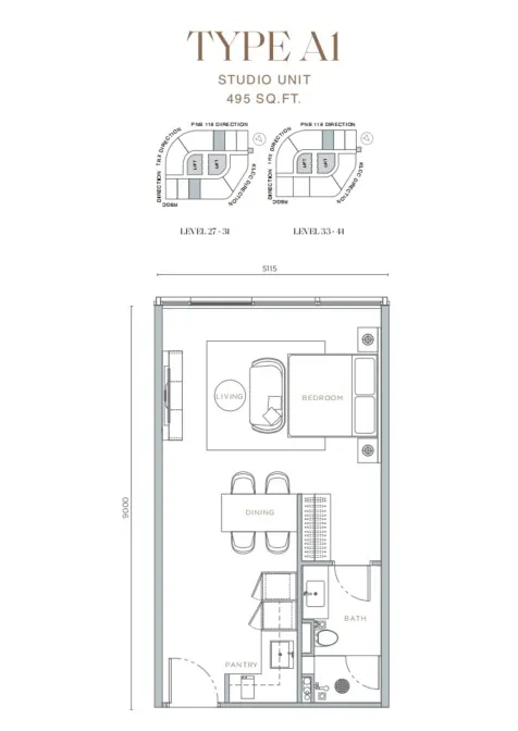 Orion Residence Type A1(Studio) floor plan, about 495 sq ft