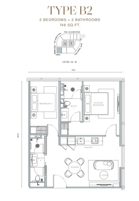 Orion Residence Type B2 floor plan, about 746 sq ft, 2 bedrooms, 2 bathrooms