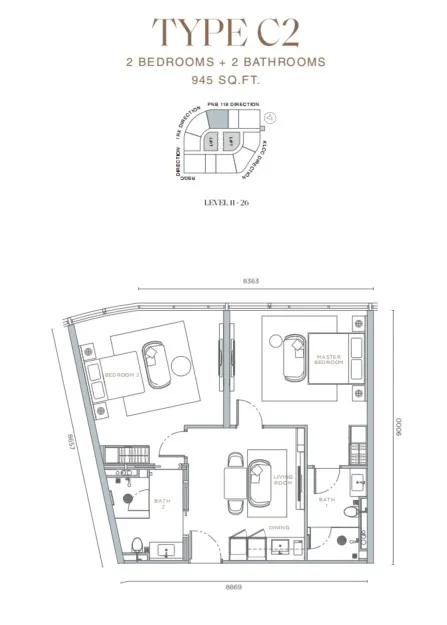 Orion Residence Type C2 floor plan, about 945 sq ft, 2 bedrooms, 2 bathrooms