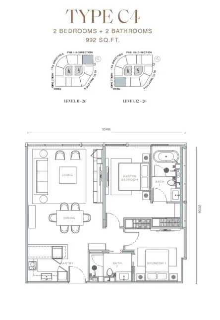 Orion Residence Type C4 floor plan, about 992 sq ft, 2 bedrooms, 2 bathrooms