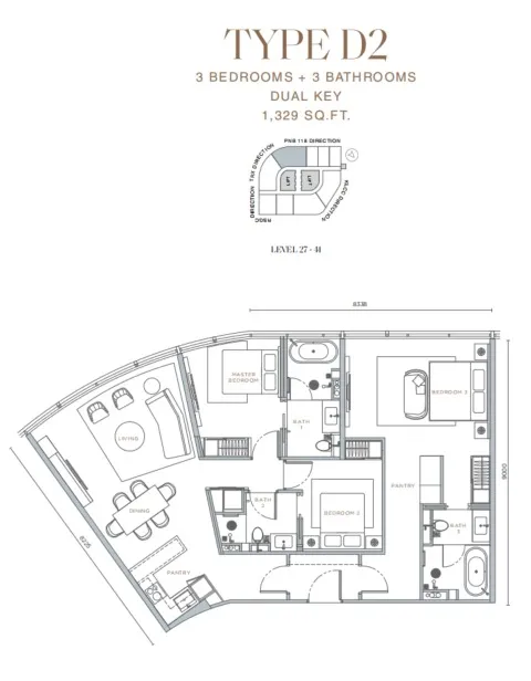 Orion Residence Type D2(Dual Key) floor plan, about 1329 sq ft, 3 bedrooms, 3 bathrooms