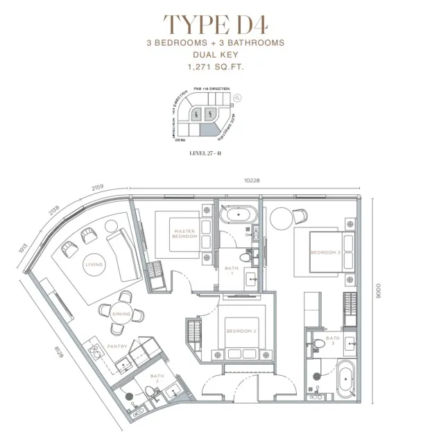 Orion Residence Type D4(Dual Key) floor plan, about 1271 sq ft, 3 bedrooms, 3 bathrooms