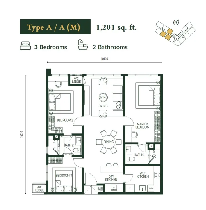 Park Green Pavilion Bukit Jalil Type A(A/A(M)) floor plan, about 1201 sq ft, 3 bedrooms, 2 bathrooms