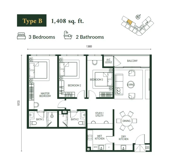 Park Green Pavilion Bukit Jalil Type B floor plan, about 1408 sq ft, 3 bedrooms, 2 bathrooms