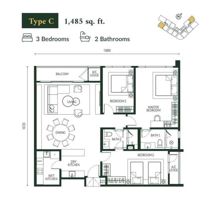 Park Green Pavilion Bukit Jalil Type C floor plan, about 1485 sq ft, 3 bedrooms, 2 bathrooms