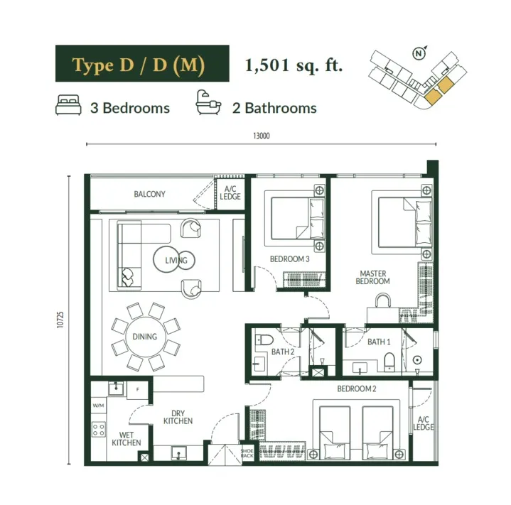 Park Green Pavilion Bukit Jalil Type D(D/D(M)) floor plan, about 1501 sq ft, 3 bedrooms, 2 bathrooms