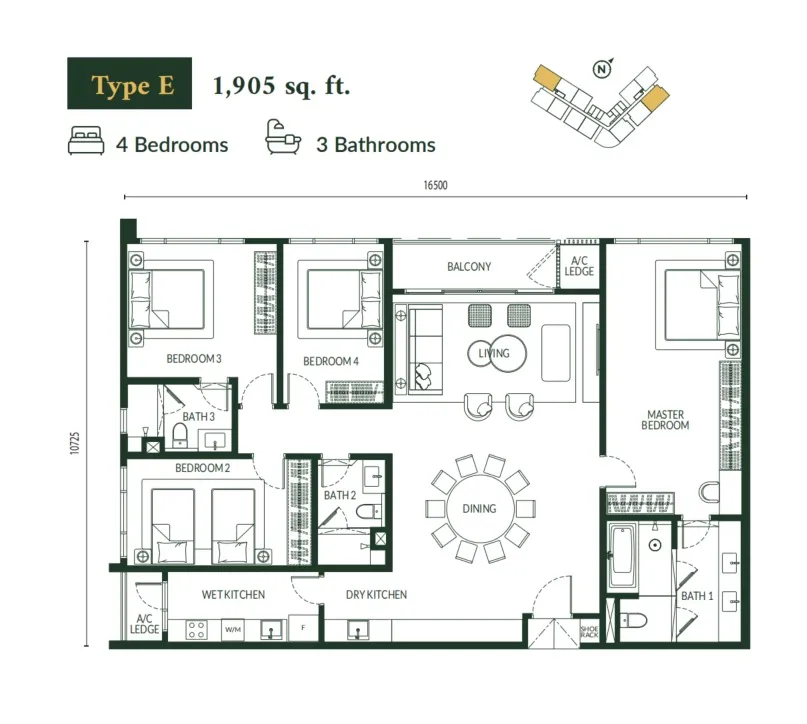 Park Green Pavilion Bukit Jalil Type E floor plan, about 1905 sq ft, 4 bedrooms, 3 bathrooms