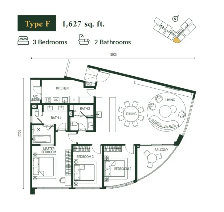 Park Green Pavilion Bukit Jalil Type F floor plan, about 1627 sq ft, 3 bedrooms, 2 bathrooms