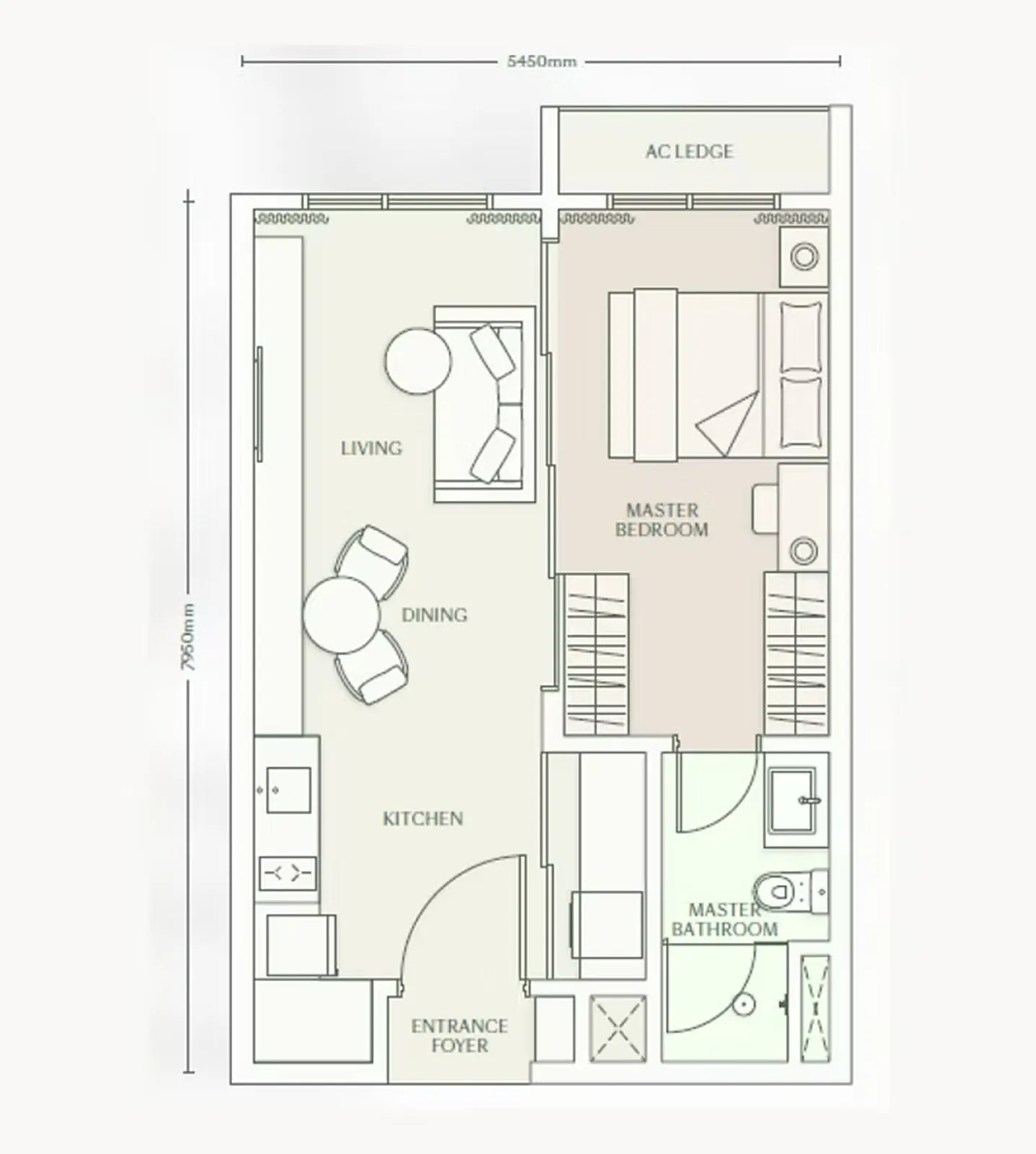 Parkside Residence Type A floor plan, about 485 sq ft, 1 bedroom, 1 bathroom