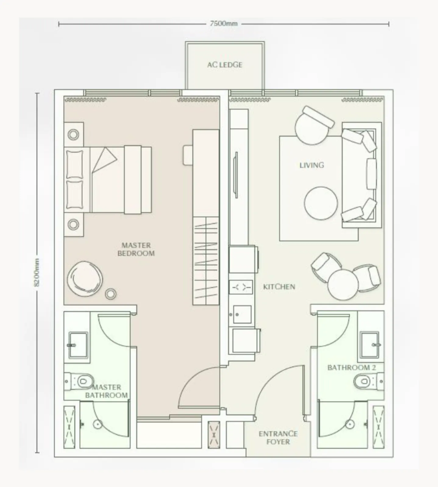Parkside Residence Type B(Dual-Key Friendly) floor plan, about 689 sq ft, 1 bedroom, 2 bathrooms