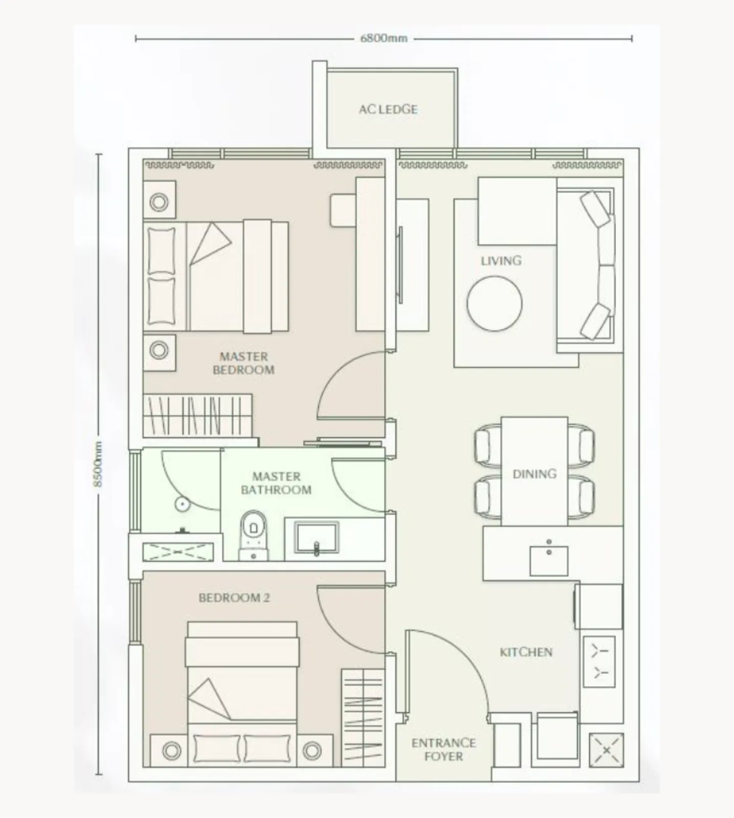 Parkside Residence Type C1 floor plan, about 646 sq ft, 2 bedrooms, 1 bathroom