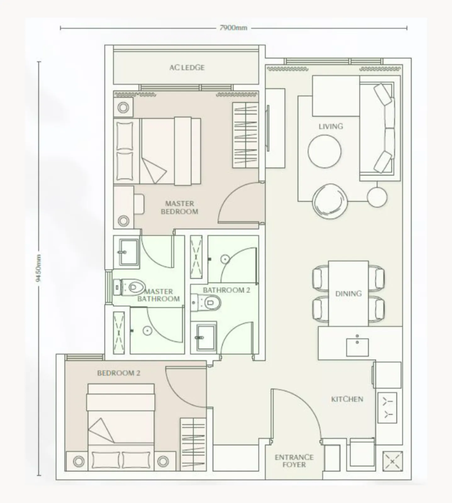 Parkside Residence Type C2 floor plan, about 732 sq ft, 2 bedrooms, 2 bathrooms