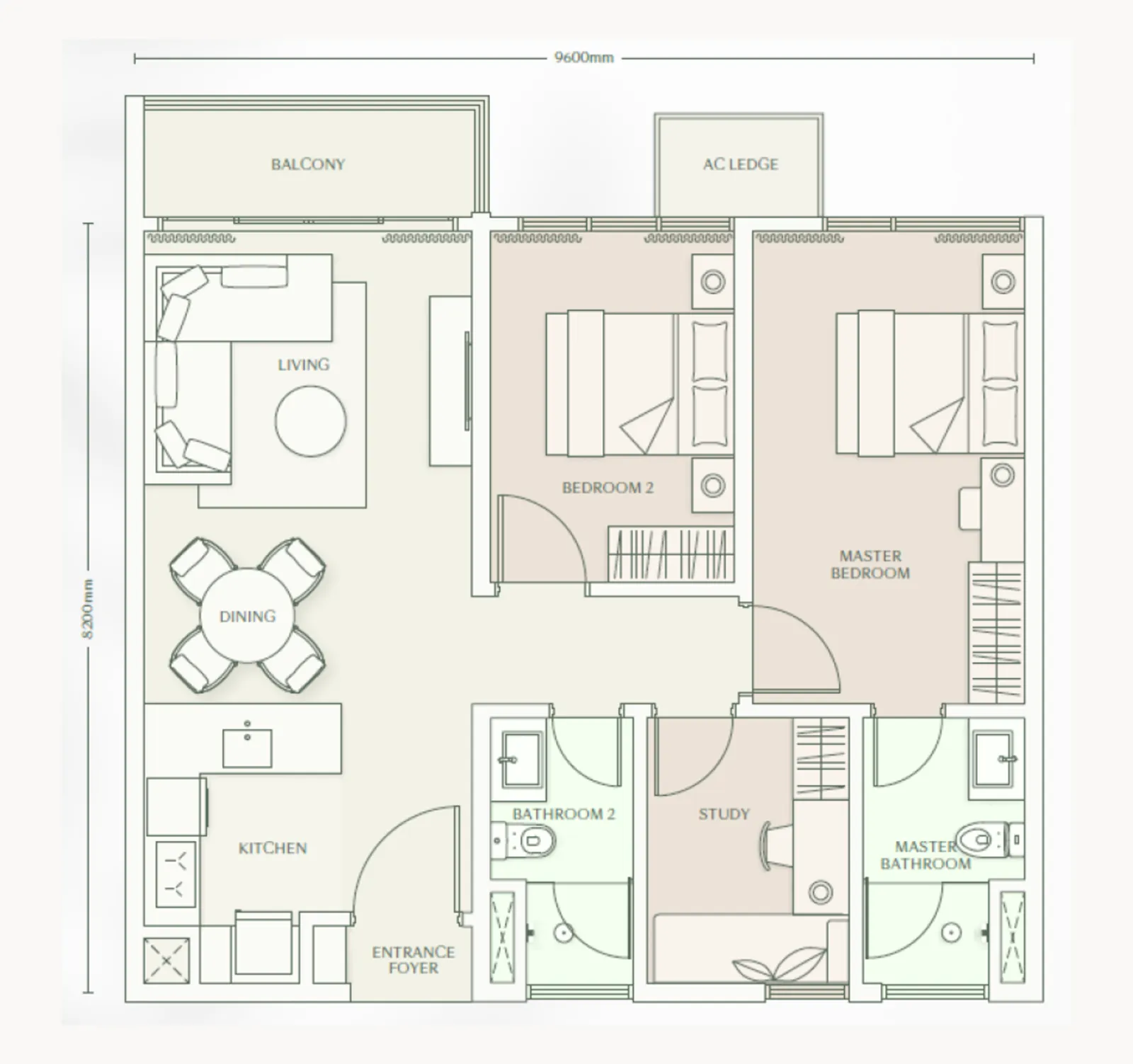 Parkside Residence Type D2 floor plan, about 926 sq ft, 2 bathrooms