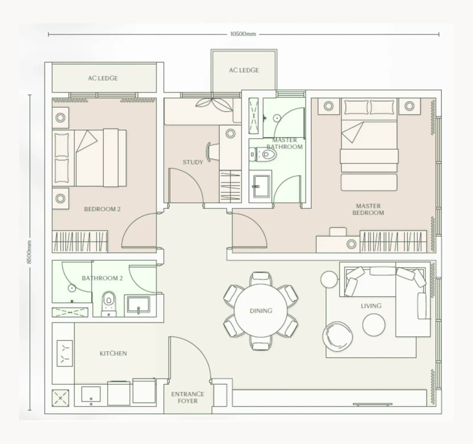 Parkside Residence Type D3 floor plan, about 1012 sq ft, 2 bathrooms