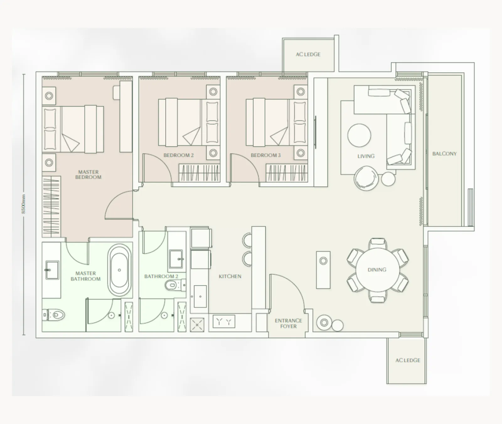 Parkside Residence Type E1 floor plan, about 1260 sq ft, 3 bedrooms, 2 bathrooms