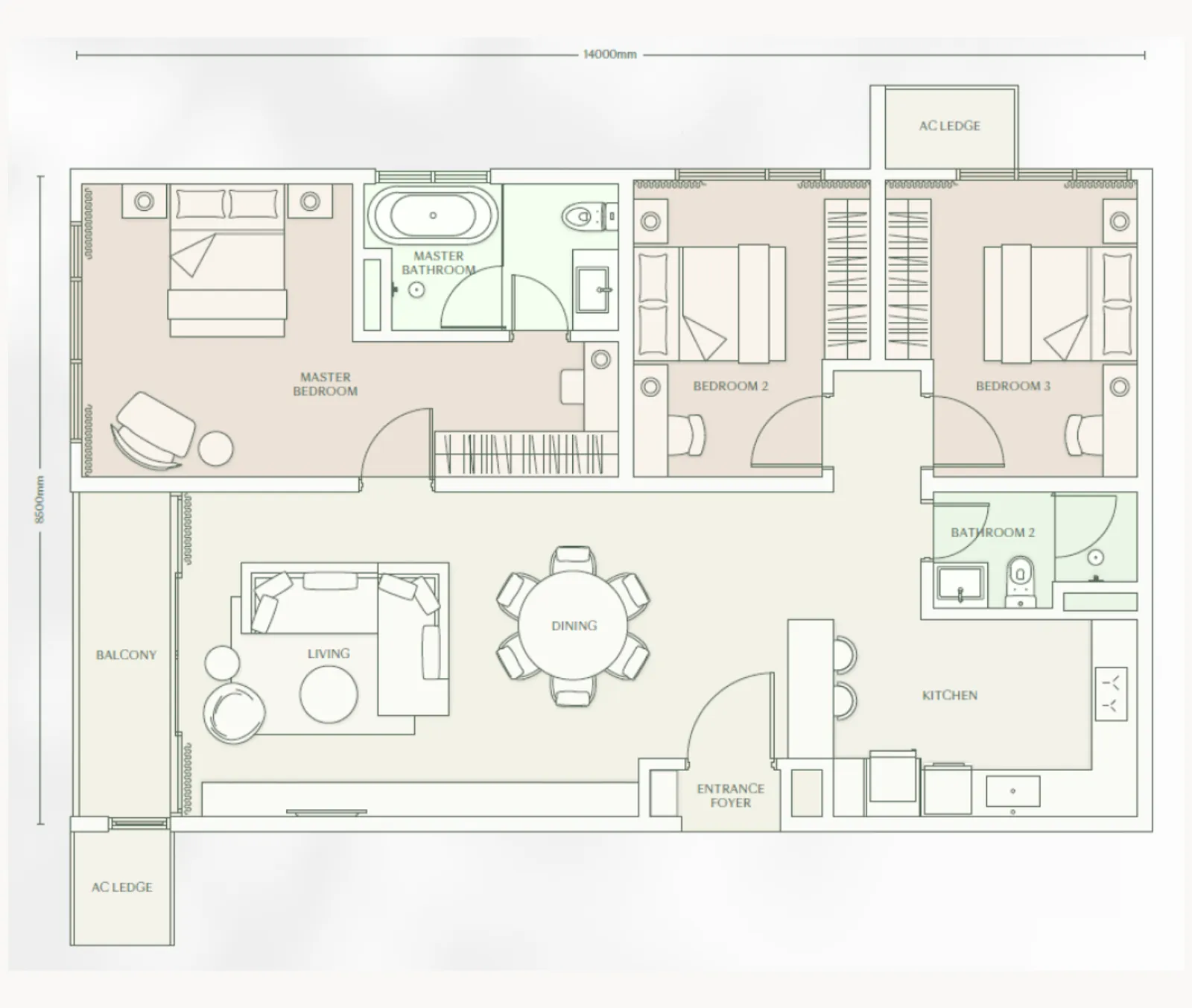 Parkside Residence Type E2 floor plan, about 1325 sq ft, 3 bedrooms, 2 bathrooms