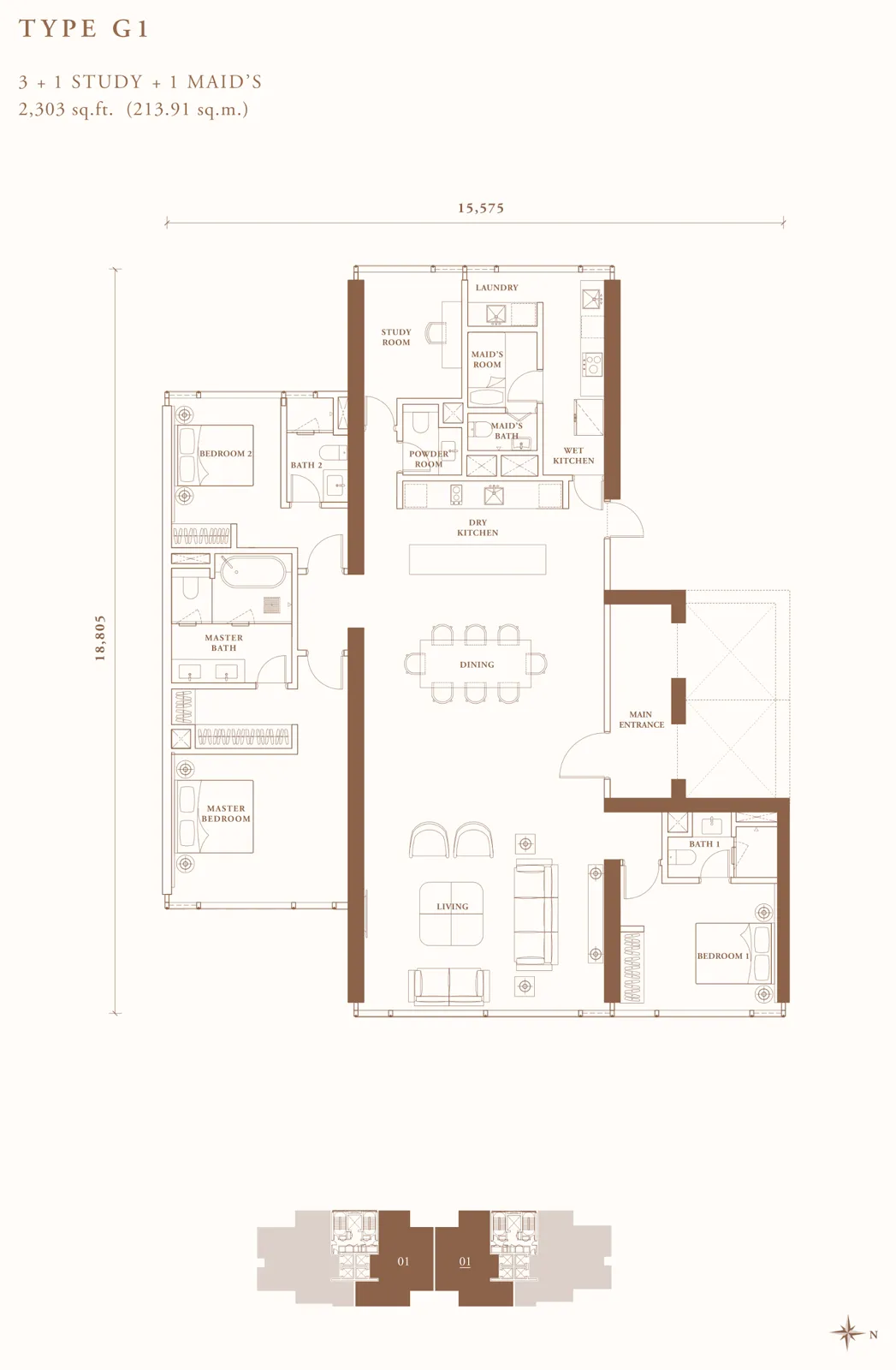 Pelan lantai Pavilion Damansara Heights - Crown Residences (R3) Jenis G1, 2,303 kaki persegi