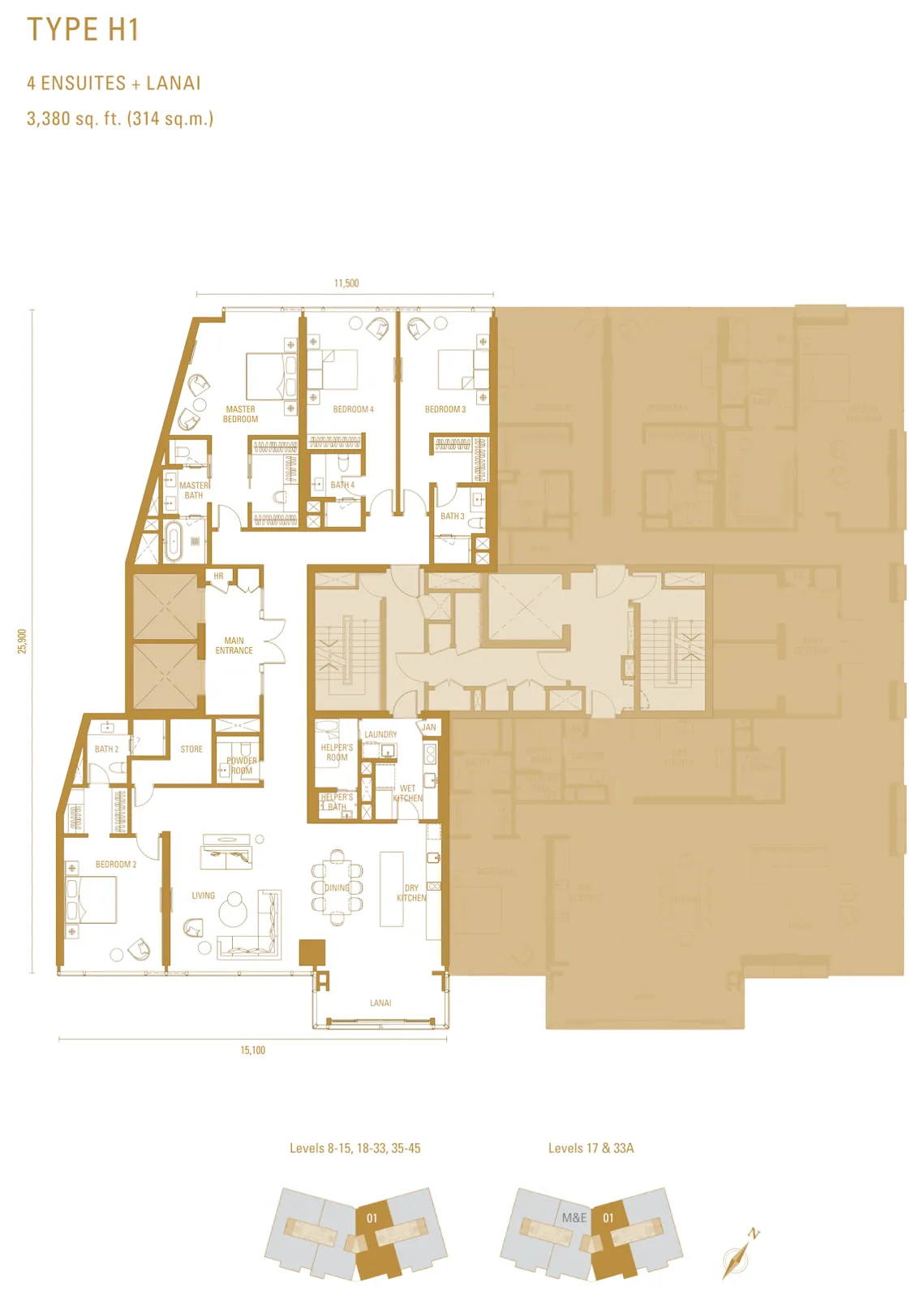Pelan lantai Pavilion Damansara Heights - Imperial Residence (RA) Jenis H1, 3,380 kaki persegi, 4 bilik tidur