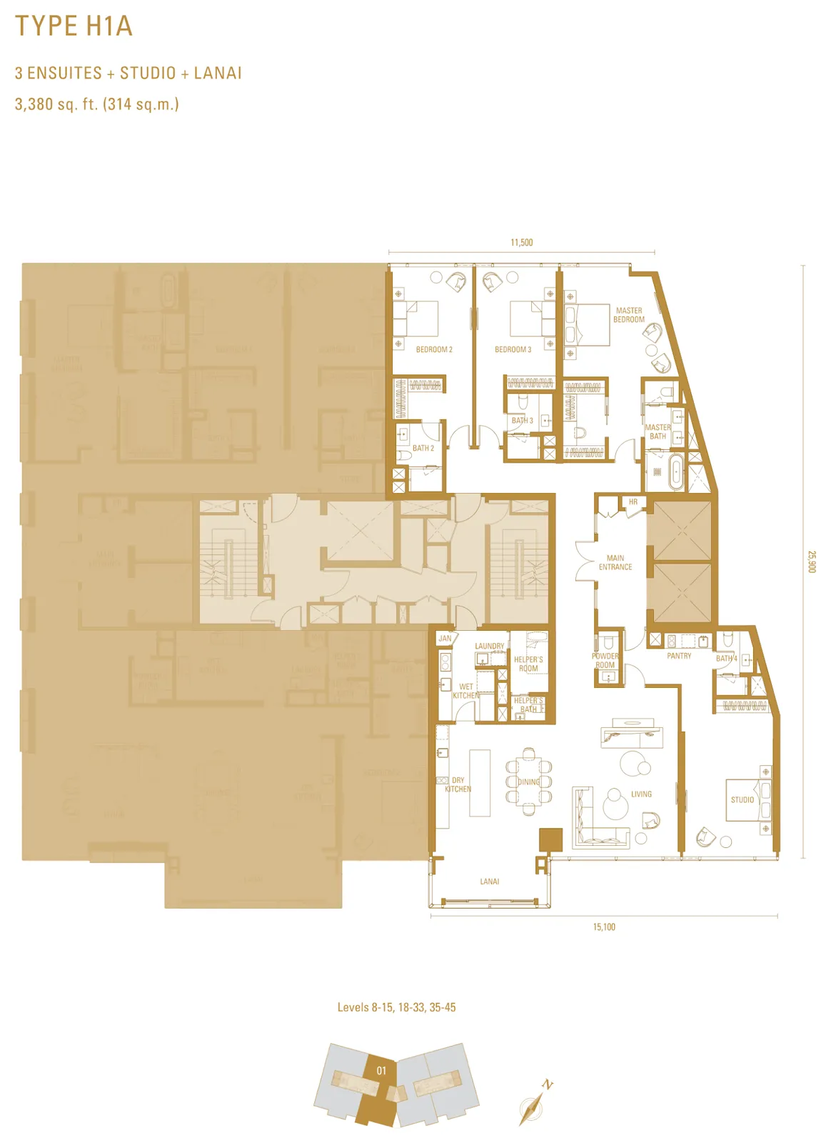 Pelan lantai Pavilion Damansara Heights - Imperial Residence (RA) Jenis H1a, 3,380 kaki persegi