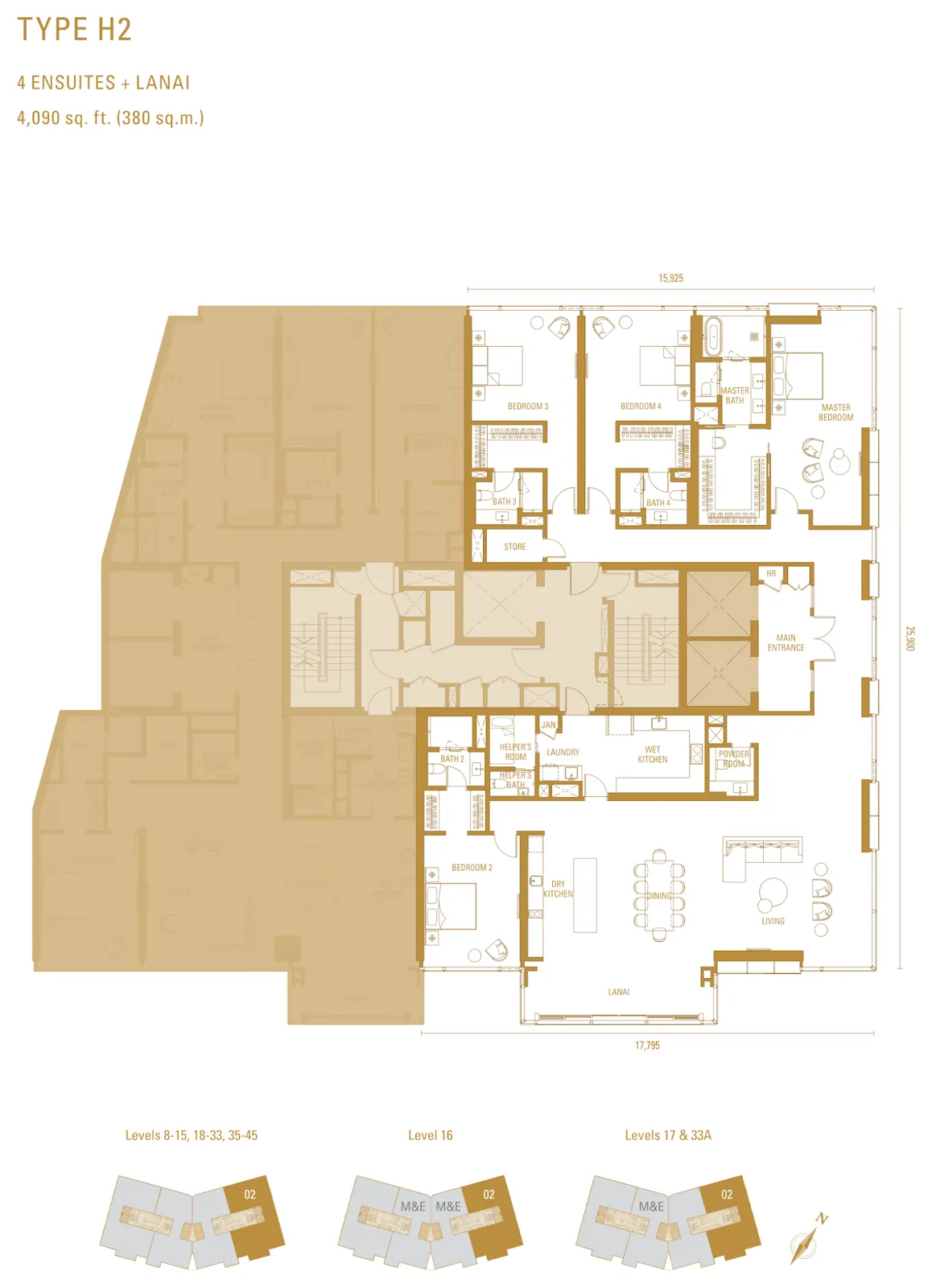 Pelan lantai Pavilion Damansara Heights - Imperial Residence (RA) Jenis H2, 4,090 kaki persegi, 4 bilik tidur