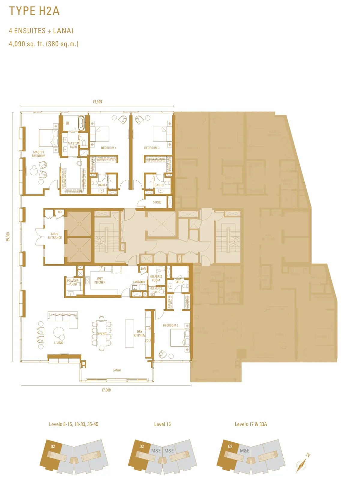 Pelan lantai Pavilion Damansara Heights - Imperial Residence (RA) Jenis H2a, 4,090 kaki persegi, 4 bilik tidur