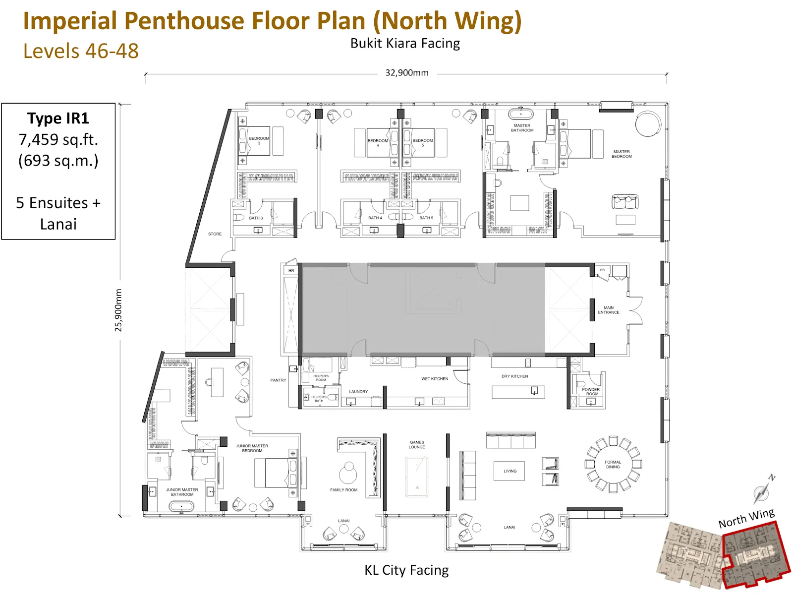 Pelan lantai Pavilion Damansara Heights - Imperial Residence (RA) Jenis IR1(Penthouse), 7,459 kaki persegi, 5 bilik tidur