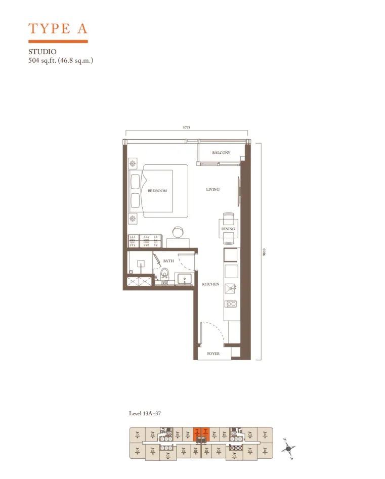 Pavilion Square Residences Type A floor plan, about 504 sq ft