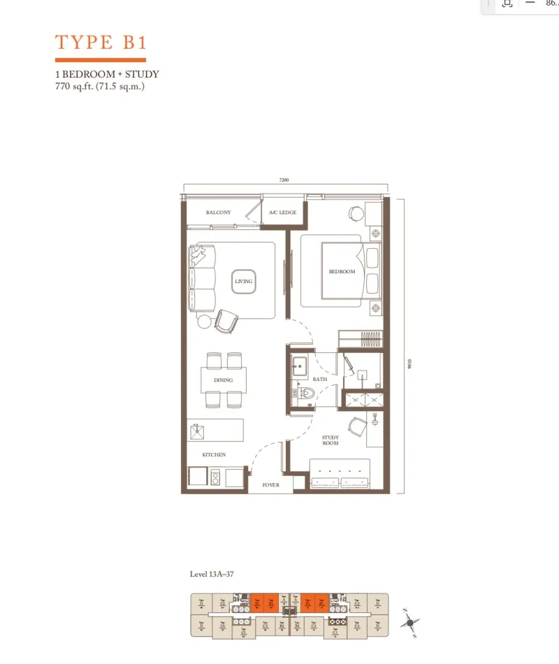 Pavilion Square Residences Type B1 floor plan, about 770 sq ft, 1 bathroom