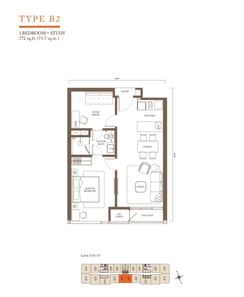 Pavilion Square Residences Type B2 floor plan, about 772 sq ft, 1 bathroom