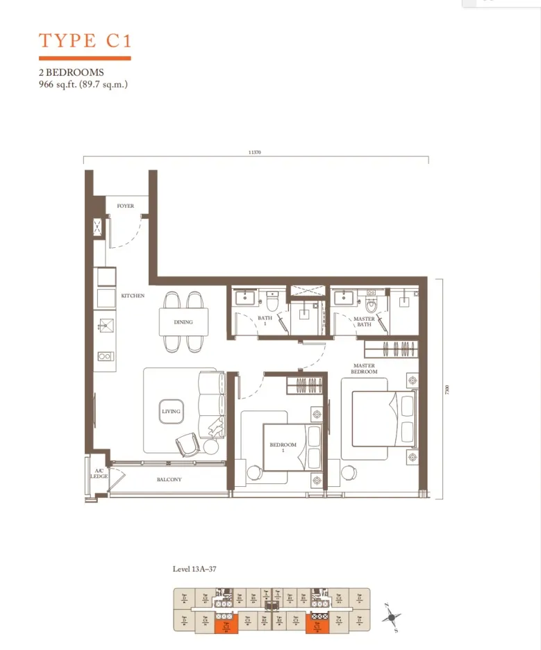 Pavilion Square Residences Type C1 floor plan, about 966 sq ft, 2 bedrooms, 2 bathrooms