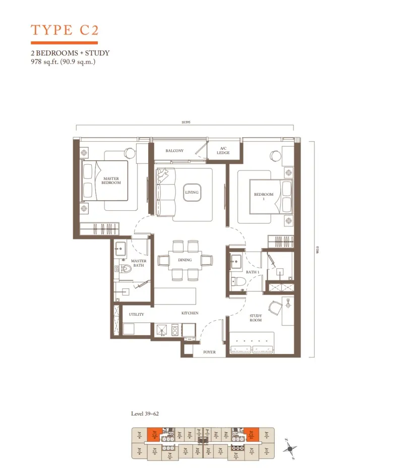 Pavilion Square Residences Type C2 floor plan, about 978 sq ft, 2 bathrooms
