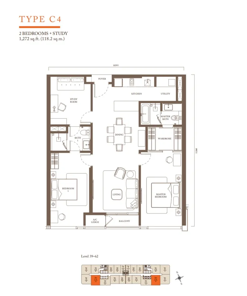 Pavilion Square Residences Type C4 floor plan, about 1272 sq ft, 2 bathrooms
