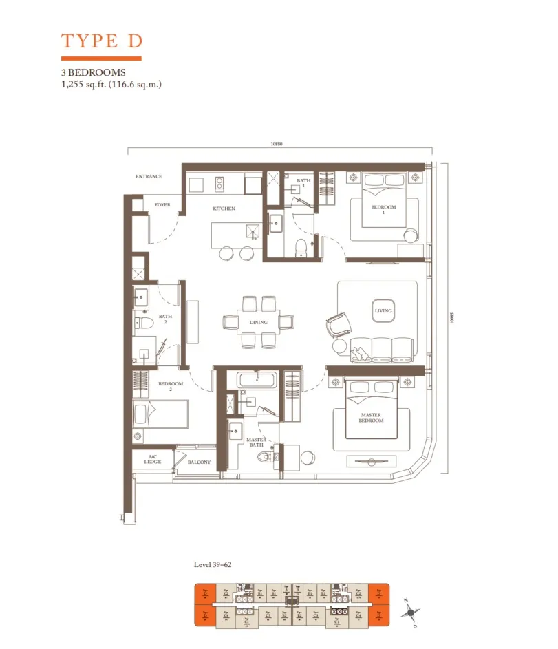 Pavilion Square Residences Type D floor plan, about 1255 sq ft, 3 bedrooms, 3 bathrooms