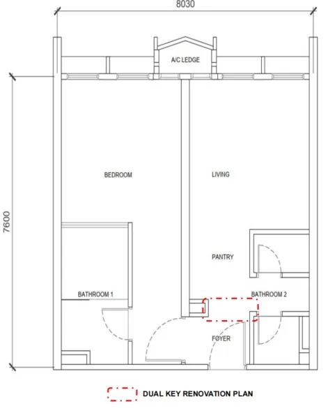 Phoeniz Suites @ KL City Centre Type B1(Dual Key) floor plan, about 657 sq ft, 1 bedroom, 2 bathrooms