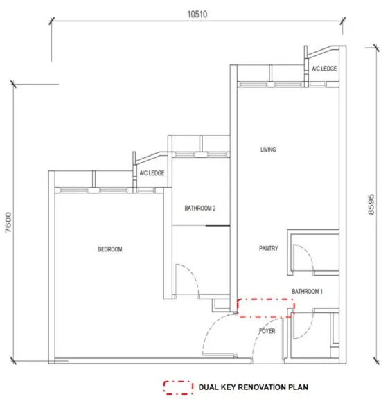 Phoeniz Suites @ KL City Centre Type B2(Dual Key) floor plan, about 678 sq ft, 1 bedroom, 2 bathrooms