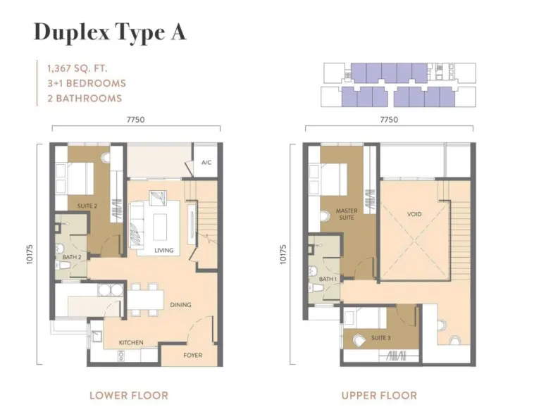 Quaver Residence Type Duplex A floor plan, about 1367 sq ft, 2 bathrooms
