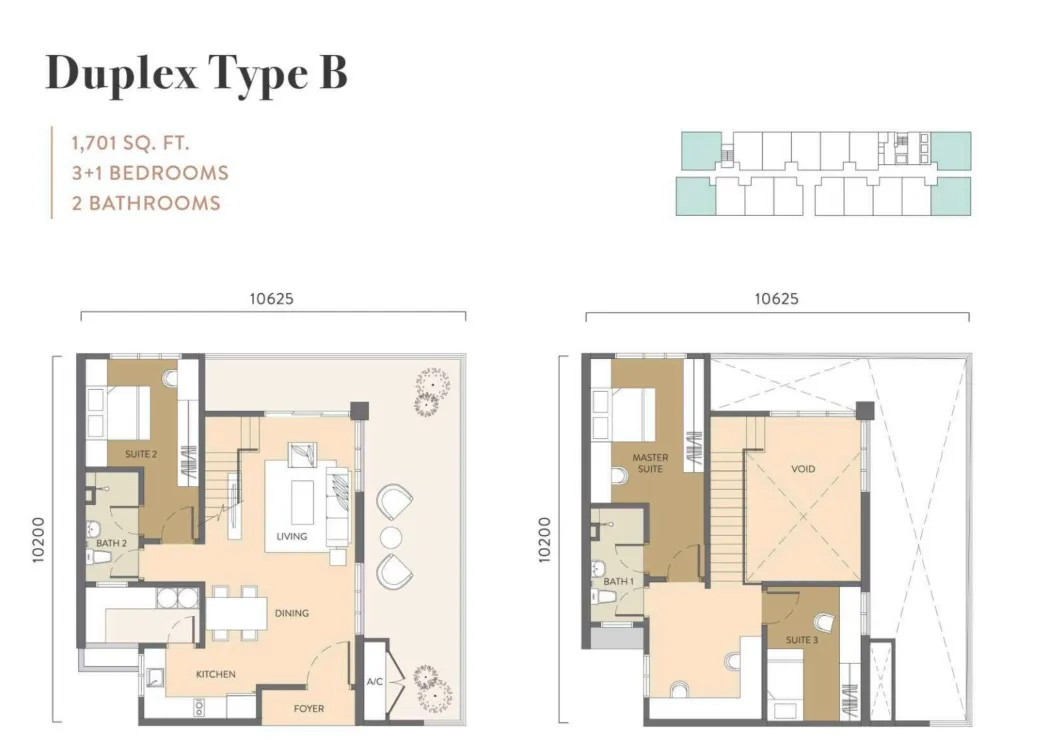 Quaver Residence Type Duplex B floor plan, about 1701 sq ft, 2 bathrooms