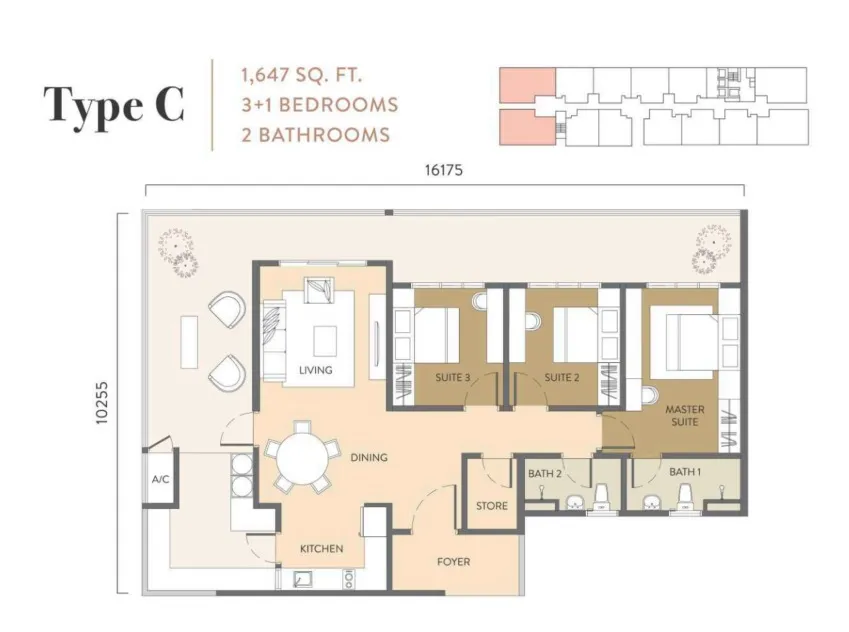 Quaver Residence Type Serviced Apartment A floor plan, about 1110 sq ft, 3 bedrooms, 2 bathrooms