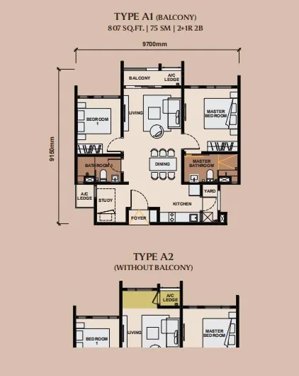 Queenswoodz Type A1/A2 floor plan, about 807 sq ft, 2 bathrooms
