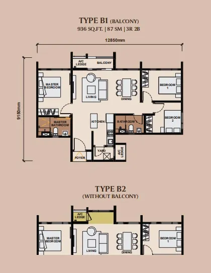 Queenswoodz Type B1/B2 floor plan, about 936 sq ft, 3 bedrooms, 2 bathrooms