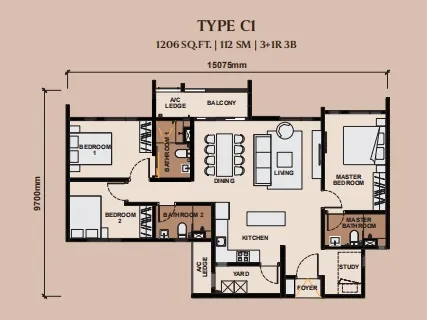 Queenswoodz Type C1/C2 floor plan, about 1206 sq ft, 3 bathrooms