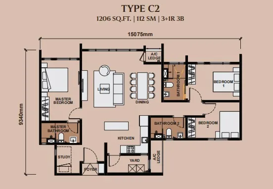 Queenswoodz Type C1/C2 floor plan, about 1206 sq ft, 3 bathrooms
