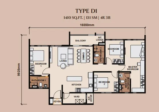 Queenswoodz Type D1 floor plan, about 1410 sq ft, 4 bedrooms, 3 bathrooms