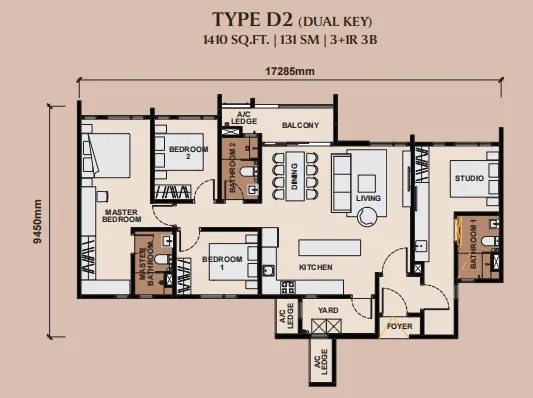 Queenswoodz Type D2 floor plan, about 1410 sq ft, 3 bathrooms