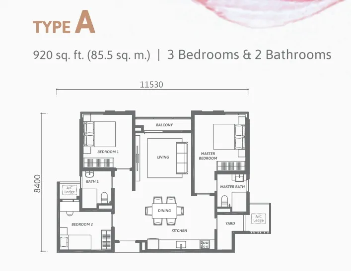 Ren Residence Type A floor plan, about 920 sq ft, 3 bedrooms, 2 bathrooms