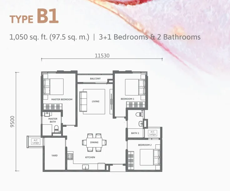Ren Residence Type B1 floor plan, about 1050 sq ft, 2 bathrooms