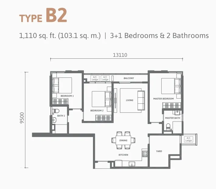Ren Residence Type B2 floor plan, about 1110 sq ft, 2 bathrooms