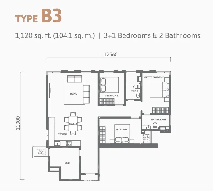 Ren Residence Type B3 floor plan, about 1120 sq ft, 2 bathrooms