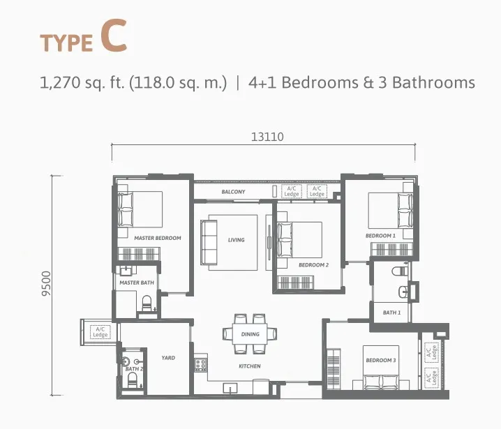 Ren Residence Type C floor plan, about 1270 sq ft, 3 bathrooms