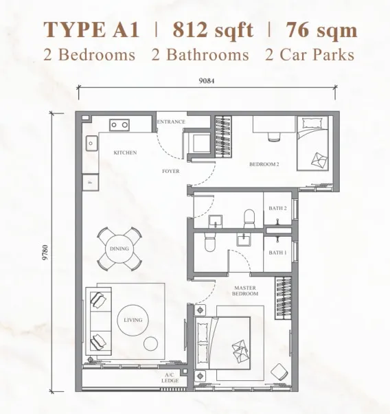 River Park Type A1 floor plan, about 812 sq ft, 2 bedrooms, 2 bathrooms